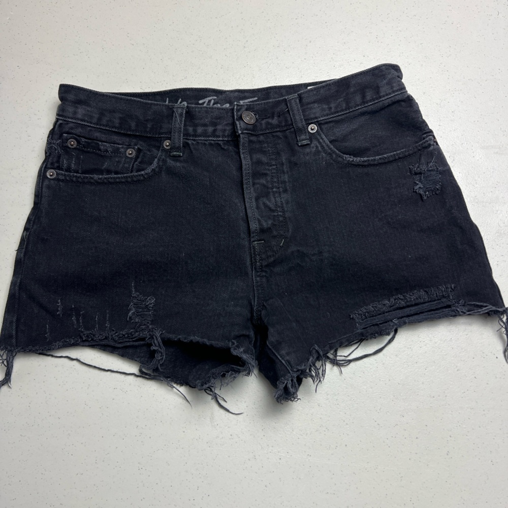We The Free Shorts Denim Women 29 Black Distress-Fray Hem-Button Fly